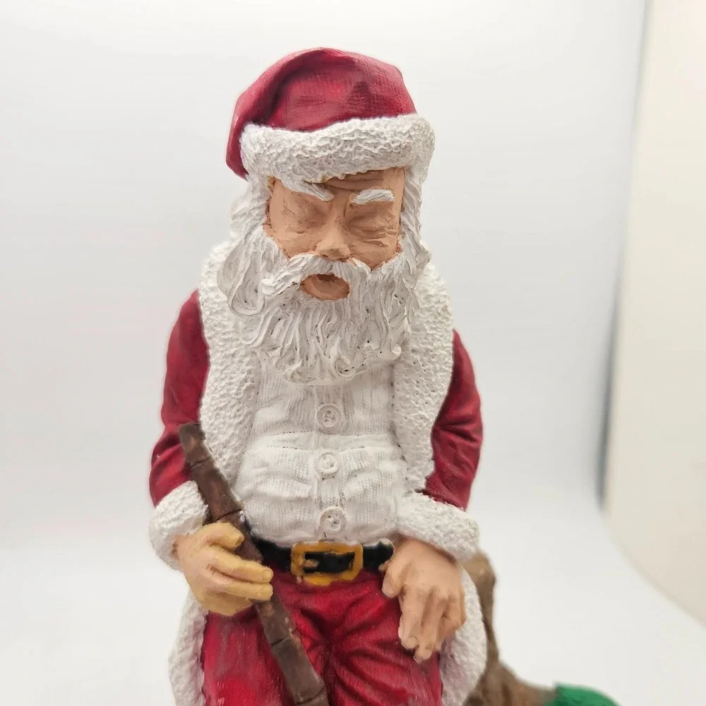 Vintage 1993 Sleeping Santa Claus Figurine Sitting on Tree Stump Creek Fishing